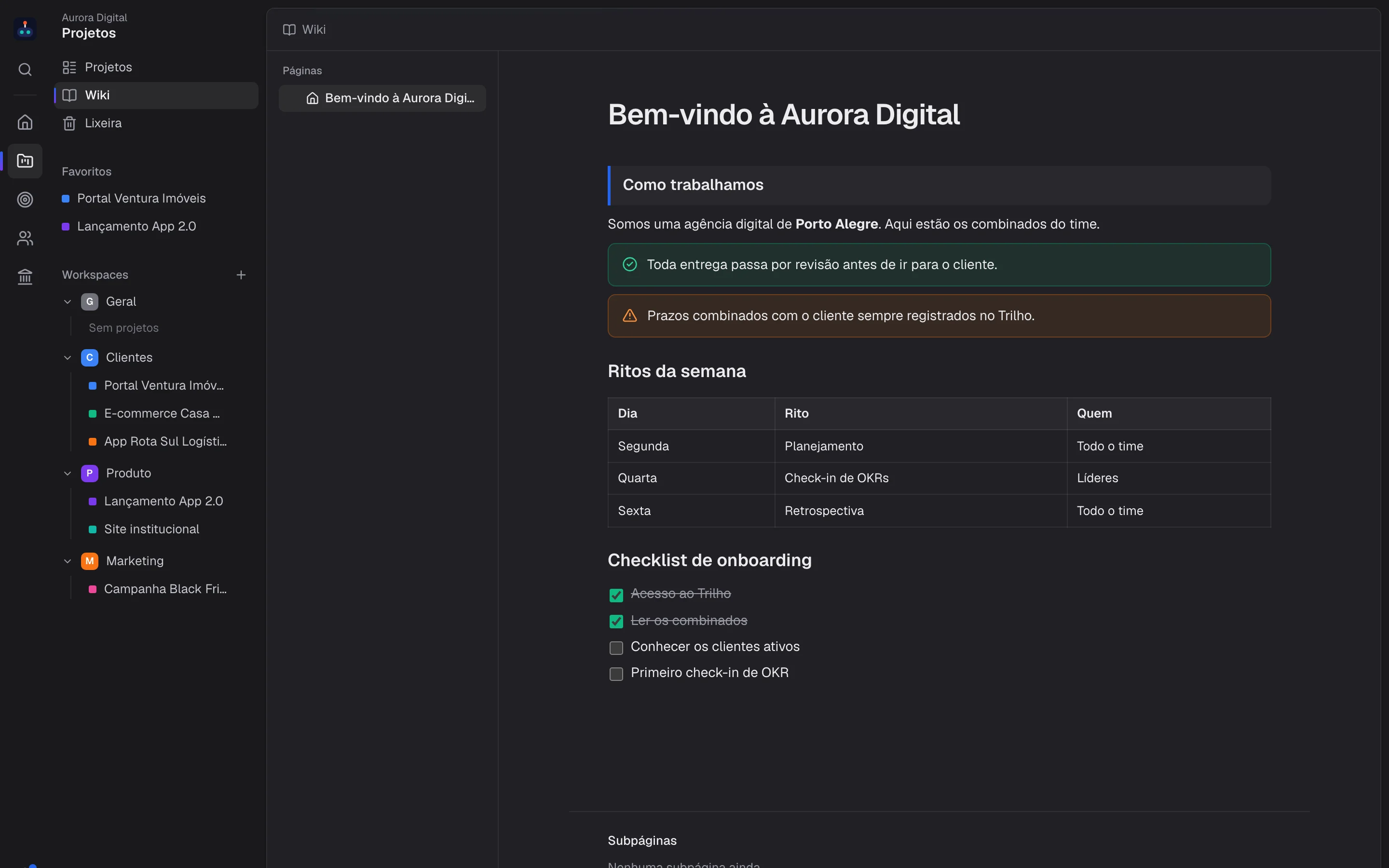 Página da Wiki do Stagio com títulos, citação, checklist, lista numerada e links