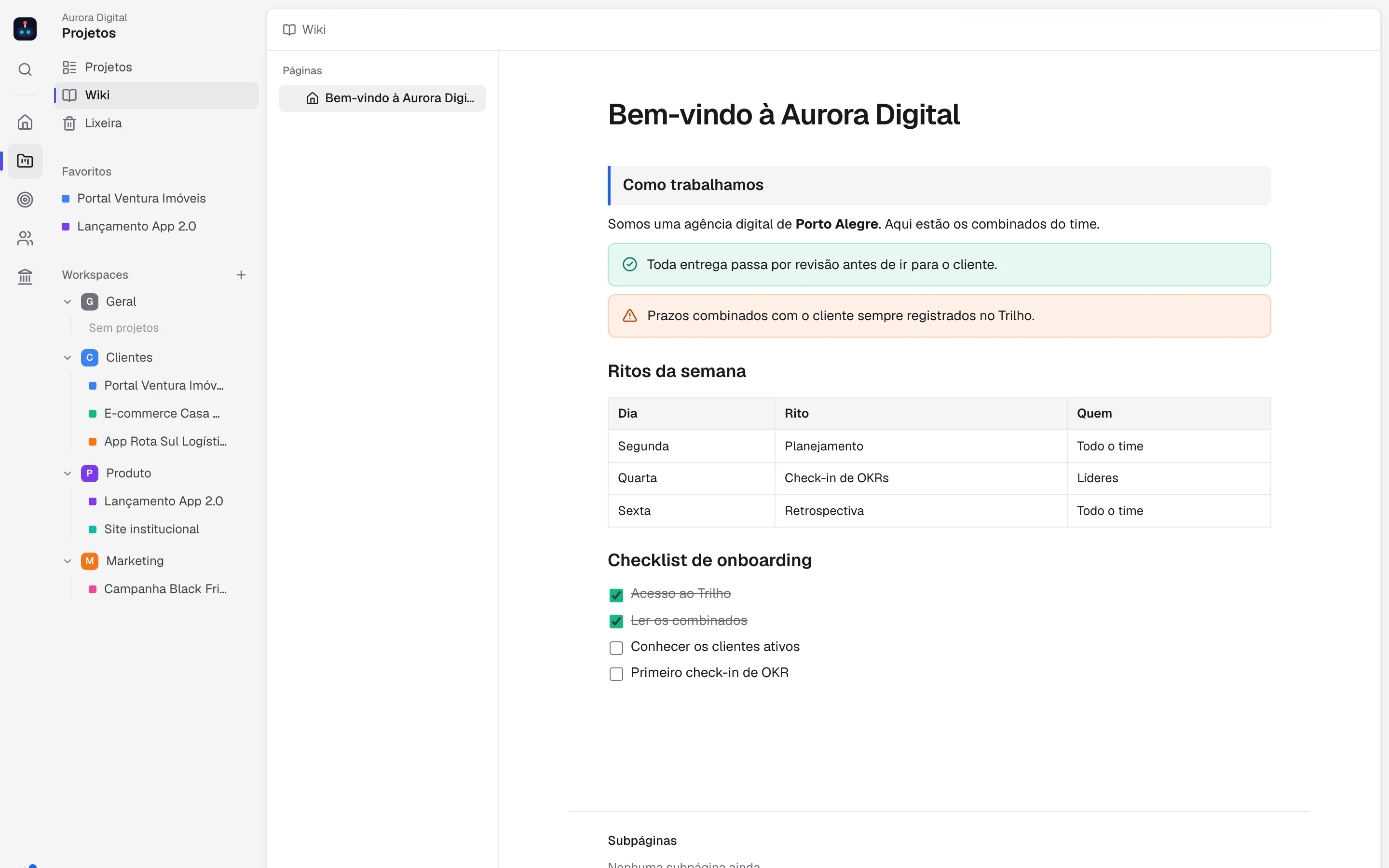 Página da Wiki do Stagio com títulos, citação, checklist, lista numerada e links